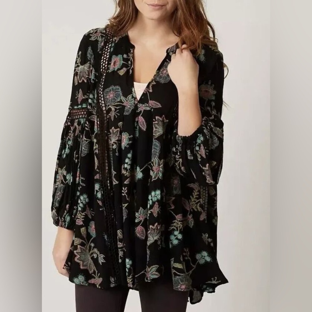 Free People Black Float Top with Delicate Stitching & Floral Elements